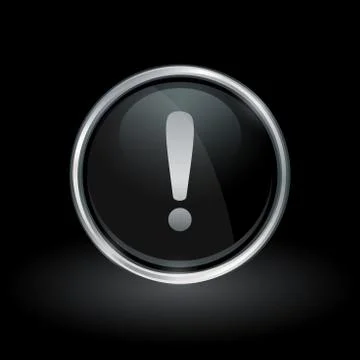 Warning exclamation mark icon inside round silver and black emblem Stock Illustration