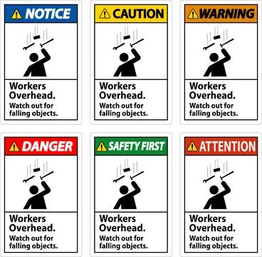 Warning Falling Debris Sign, Workers Overhead Falling Objects Stock Illustration