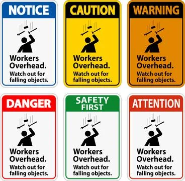 Warning Falling Debris Sign, Workers Overhead Falling Objects Stock Illustration