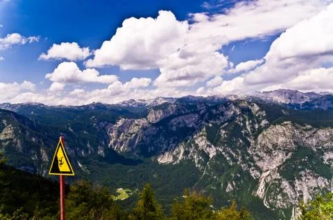 Warning free fall ahead at mountain Vogel,Triglav national park,slovenian alps Stock Photos