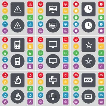Warning, Graph, Clock, Mobile phone, Monitor, Star, Microscope, Mailbox, Chargin Stock Illustration