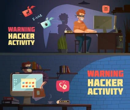 Warning Hacker Activity 2 Horizontal Banners Illustrazione stock
