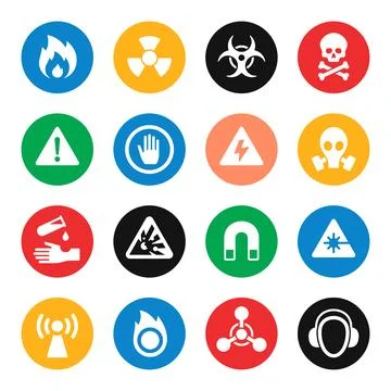 Warning hazard signs colourful vector icon set Stock Illustration