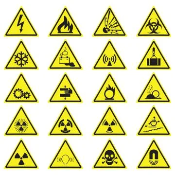 Warning Hazard Yellow Triangle Signs Set Isolated On White. Stock-Illustration