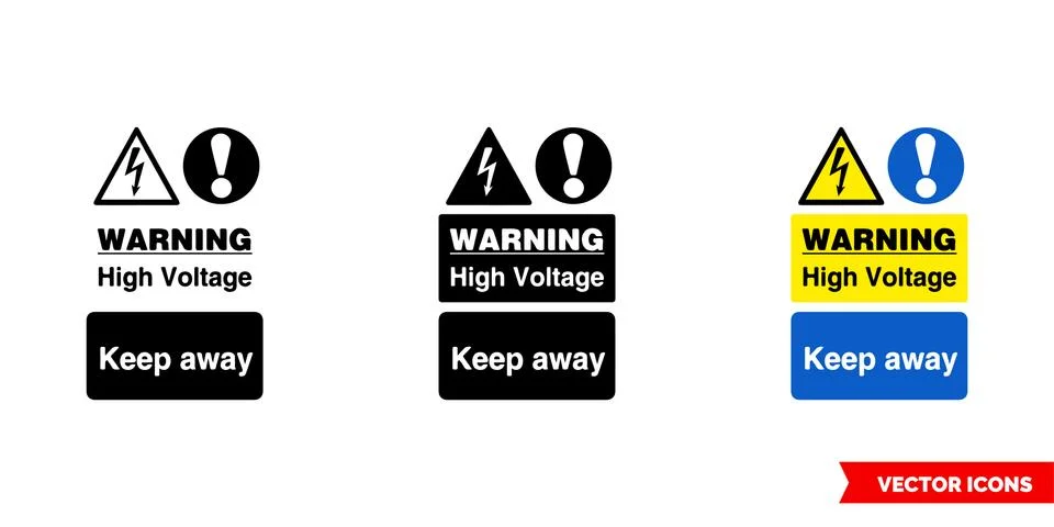 Warning high voltage keep away icon of 3 types color, black and white, outlin Stock Illustration