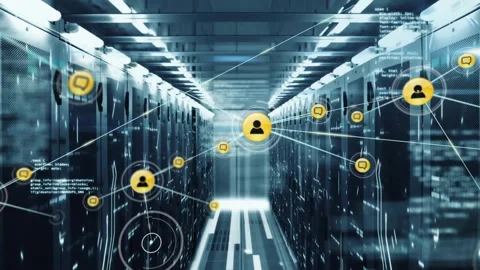Warning icon pulsing morphing into user icon as chat bubbles linking nodes and Stock Footage 312898654