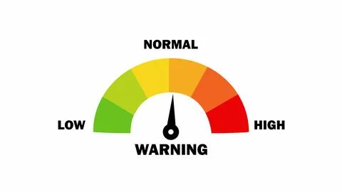 Warning level gauge with color scale from green to red indicating low norma.. Stock Illustration