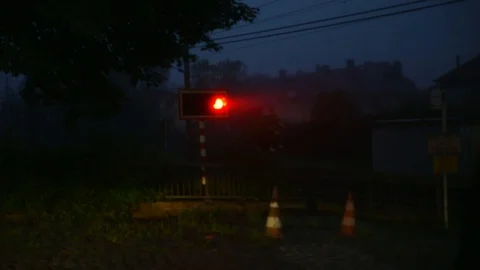 Warning lights in night close up barrier at the railroad high speed Video stock 112137492