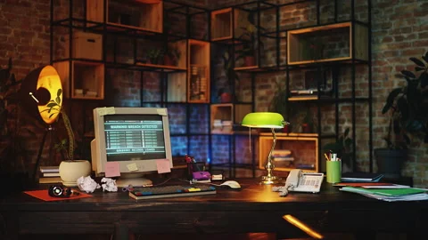 Warning message breach detected on computer screen in 90s office, hacking scene Stock Footage 315457717