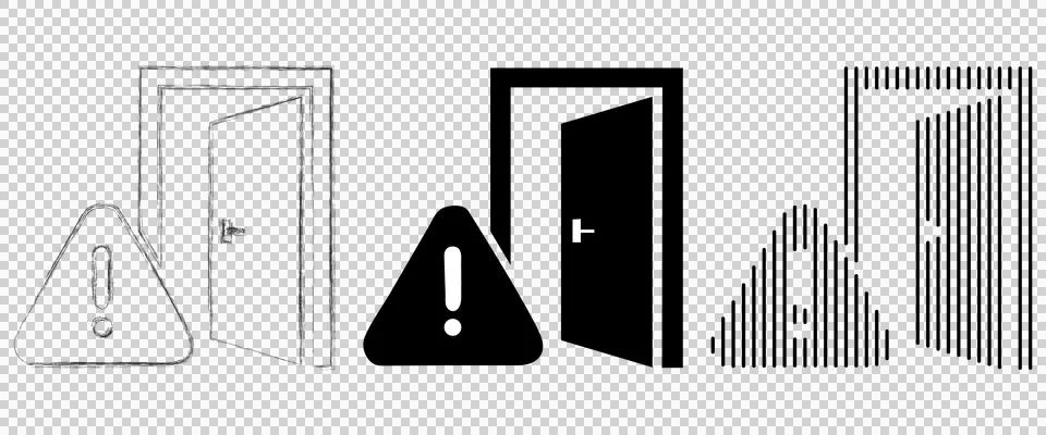 Warning message with door illustrations. Closed, open door, caution sign Stock Illustration