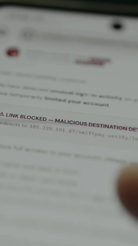 Warning message indicating a blocked link flagged as malicious Stock Footage 332892245