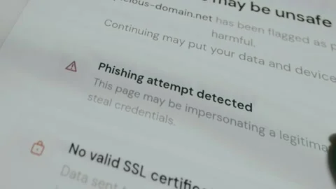 Warning message showing possible phishing attack on the current website Stock Footage 333833169