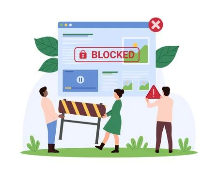 Warning message of tiny people when web page blocked, cyber crime, hacker attack 스톡 일러스트