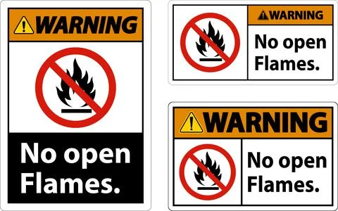 Warning No Open Flames Label Sign On White Background Illustrazione stock