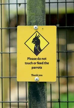 Warning not to feed or touch the parrots Stock Photos