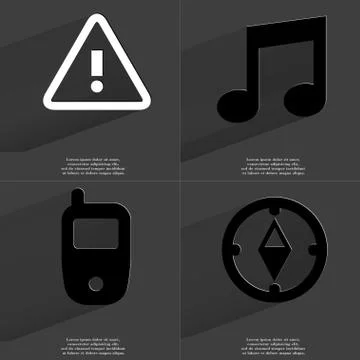Warning, Note, Mobile phone, Compass icon sign. Set of Symbols with Flat desi 库存插图