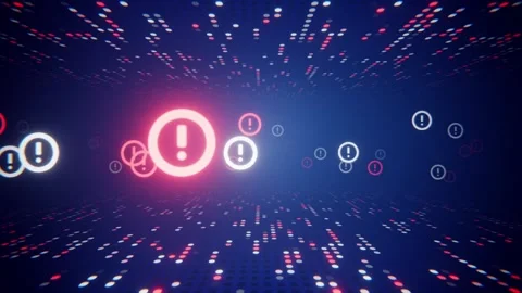 Warning or error icons floating in an abstract digital information technology Stock Footage 335760587