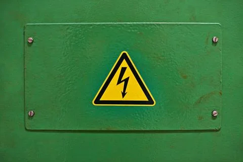 Warning panel, factory and machine with closeup, technology and manufacturing Stock Photos