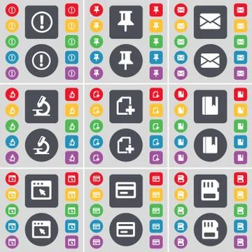Warning, Pin, Message, Microscope, File, Dictionary, Window, Credit card, SIM ca Stock Illustration