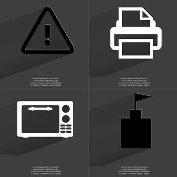 Warning, Printer, Microwave, Flag tower icon sign. Set of Symbols with Flat d Stock Illustration