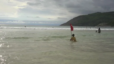 Warning red flag at sea Stock Footage 171425037