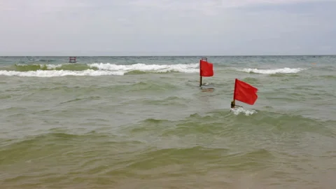 Warning red flags in the water Stock Footage 93461009