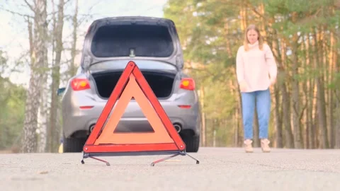 Warning red triangle. Gray car with flashing emergency light along the road Video stock 163399365