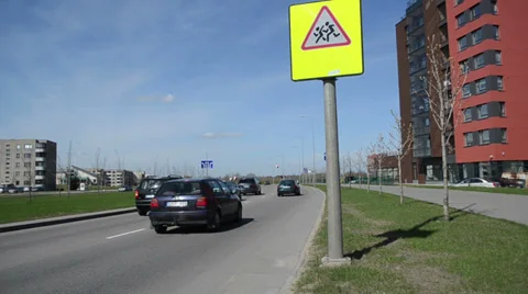 Warning road sign caution children multistory street Stock Footage 33509151