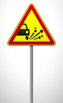 Warning road sign throwing stone materials. triangular sign on a metal pole Stock Illustration