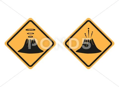 Warning road signs about the dangers of volcano Stock Illustration