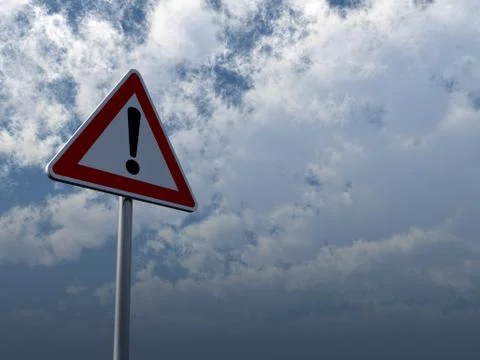 Warning roadsign under cloudy blue sky - 3d illustration Illustrazione stock