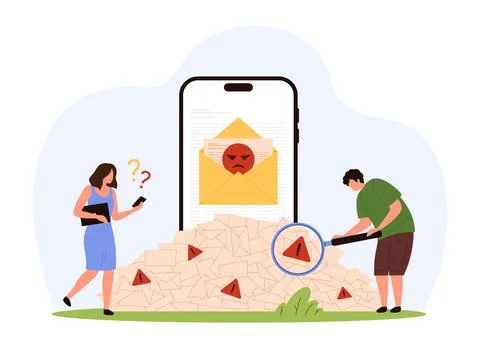 Warning scam and spam notification in mobile app, people looking through Stock Illustration