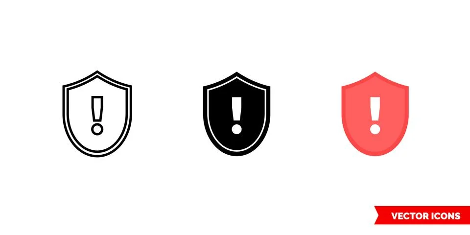 Warning shield icon of 3 types color, black and white, outline. Isolated vect Stock Illustration