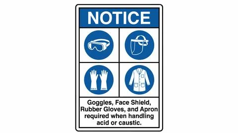 Warning sign for acid and caustic handling safety equipment required. Illustration