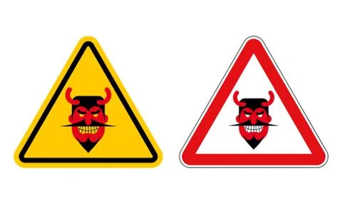 Warning sign attention devil. Hazard yellow sign Satan. Daemon on red triangl Stock Illustration