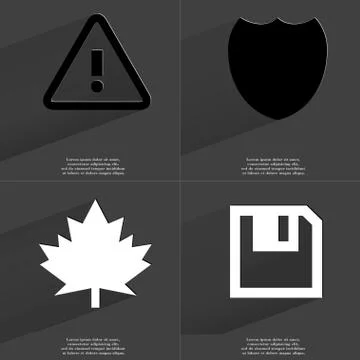 Warning sign, Badge, Maple leaf, Floppy disk. Symbols with long shadow. Flat des イラスト素材