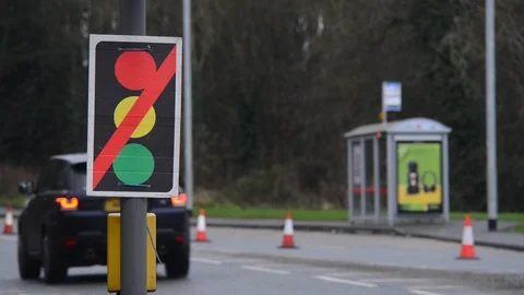 Warning sign of broken traffic lights at road junction leeds uk Stock Footage 122203590