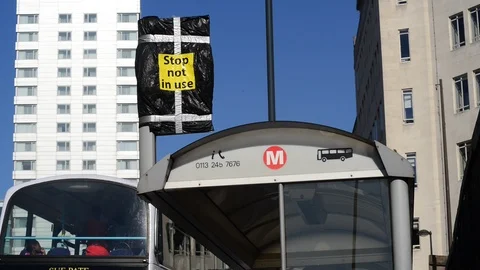 Warning sign of closed bus stop leeds yorkshire united kingdom Stock Footage 93825048