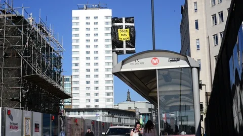 Warning sign of closed bus stop leeds yorkshire united kingdom Stock Footage 93825068