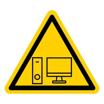 Warning Sign with Computer Icon Inside a Yellow Triangle Shape Stock Illustration