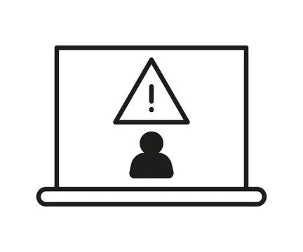 Warning sign on computer, scam of hacker, line icon. Cheating on internet Stock Illustration