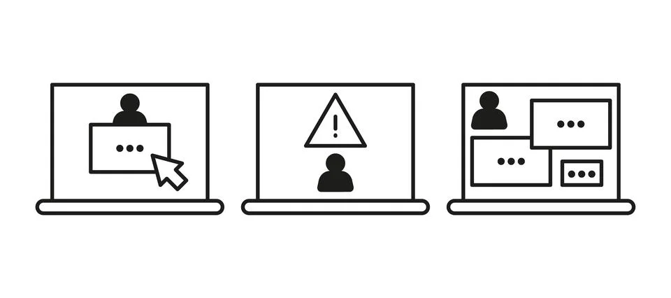 Warning sign on computer, scam of hacker, line icon. Cheating on internet, co イラスト素材