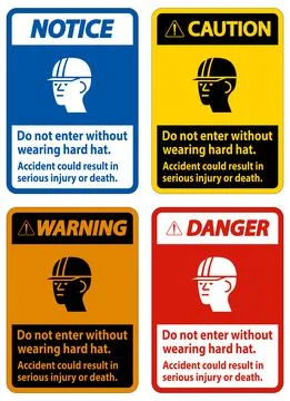 Warning Sign Do Not Enter Without Wearing Hard Hat, Accident Could Result In  Ilustración de archivo