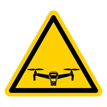 Warning Sign for Drone Use in Restricted Areas with Yellow Triangle Design Stock Illustration