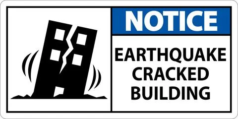 Warning Sign for Earthquake Damaged Structure with Visible Cracks Ilustración de archivo