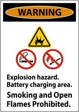 Warning Sign Explosion Hazard, Battery Charging Area, Smoking And Open Flam.. 스톡 일러스트