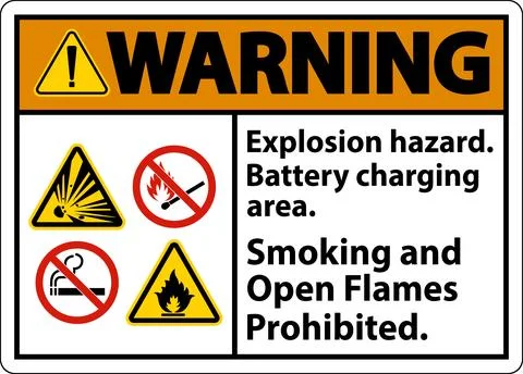 Warning Sign Explosion Hazard, Battery Charging Area, Smoking And Open Flam.. 스톡 일러스트