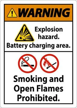 Warning Sign Explosion Hazard, Battery Charging Area, Smoking And Open Flam.. 스톡 일러스트