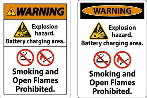 Warning Sign Explosion Hazard, Battery Charging Area, Smoking And Open Flam.. 스톡 일러스트