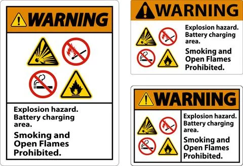 Warning Sign Explosion Hazard, Battery Charging Area, Smoking And Open Flam.. 스톡 일러스트